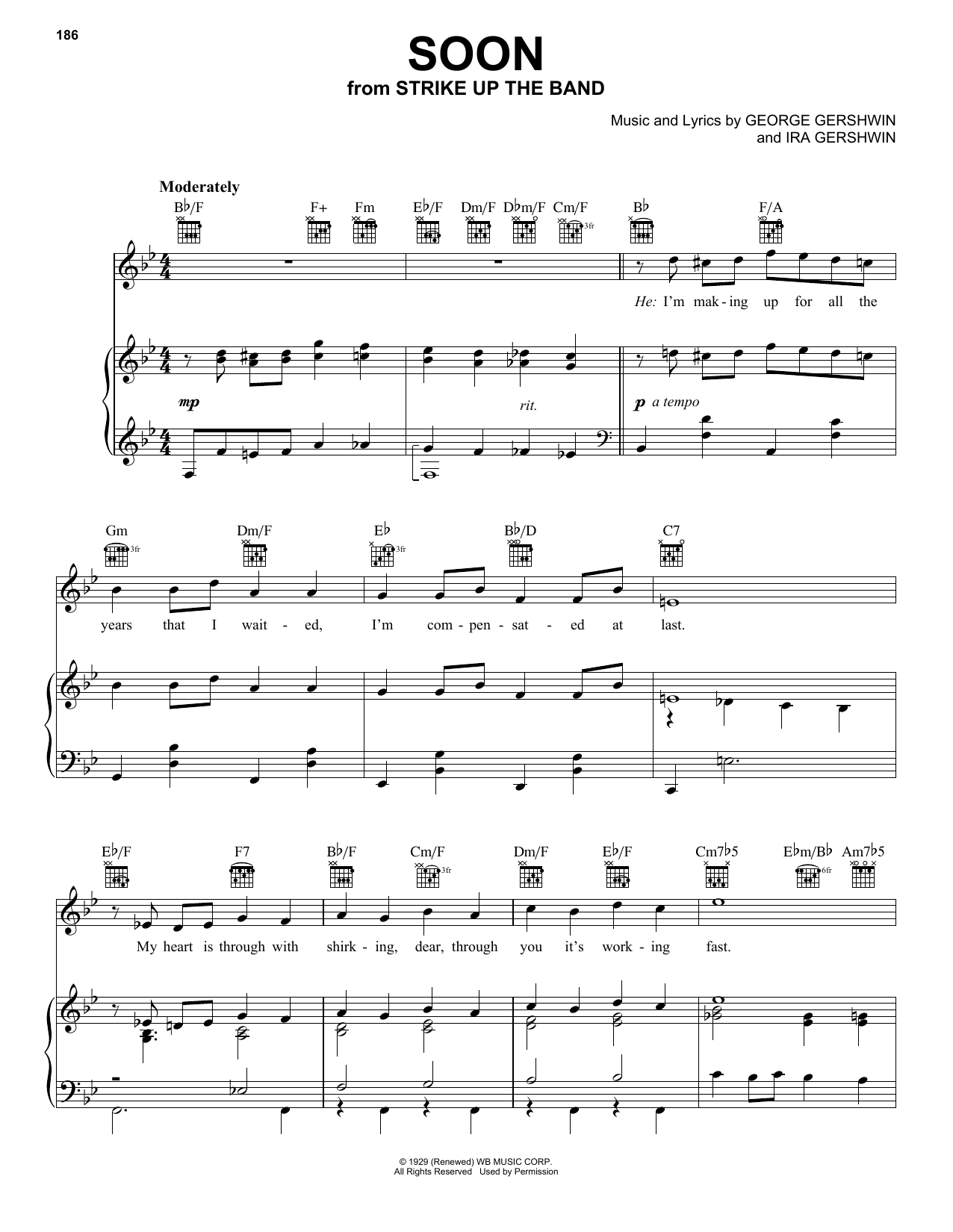 Preview George Gershwin Soon Jazz sheet music, notes and chords for Piano, Vocal & Guitar (Right-Hand Melody), SKU: 160152 sheet music, piano notes, chords, guitar tabs, score, transpose, transcribe, how to play, guide, download, learn, tutorial, progression, song, artist, awards, billboard, mtv, vh1, tour, single, album, release