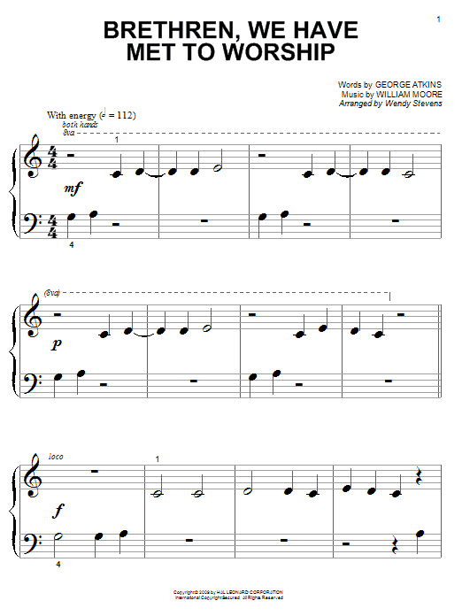 Preview George Atkins Brethren, We Have Met To Worship Hymn sheet music, notes and chords for Piano, SKU: 82241 Download George Atkins Brethren, We Have Met To Worship sheet music and printable PDF score & Hymn music notes