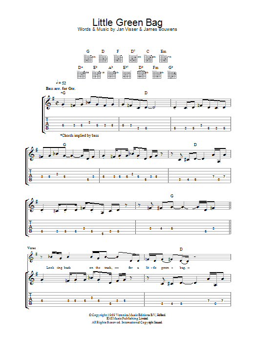 Preview George Baker Little Green Bag (from Reservoir Dogs) Rock sheet music, notes and chords for Guitar Tab, SKU: 31837 Download George Baker Little Green Bag (from Reservoir Dogs) sheet music and printable PDF score & Rock music notes