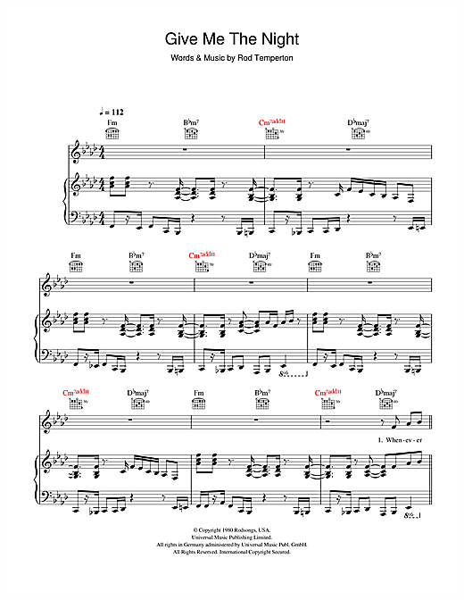 Preview George Benson Give Me The Night Disco sheet music, notes and chords for Piano, Vocal & Guitar (Right-Hand Melody), SKU: 108082 sheet music, piano notes, chords, guitar tabs, score, transpose, transcribe, how to play, guide, download, learn, tutorial, progression, song, artist, awards, billboard, mtv, vh1, tour, single, album, release