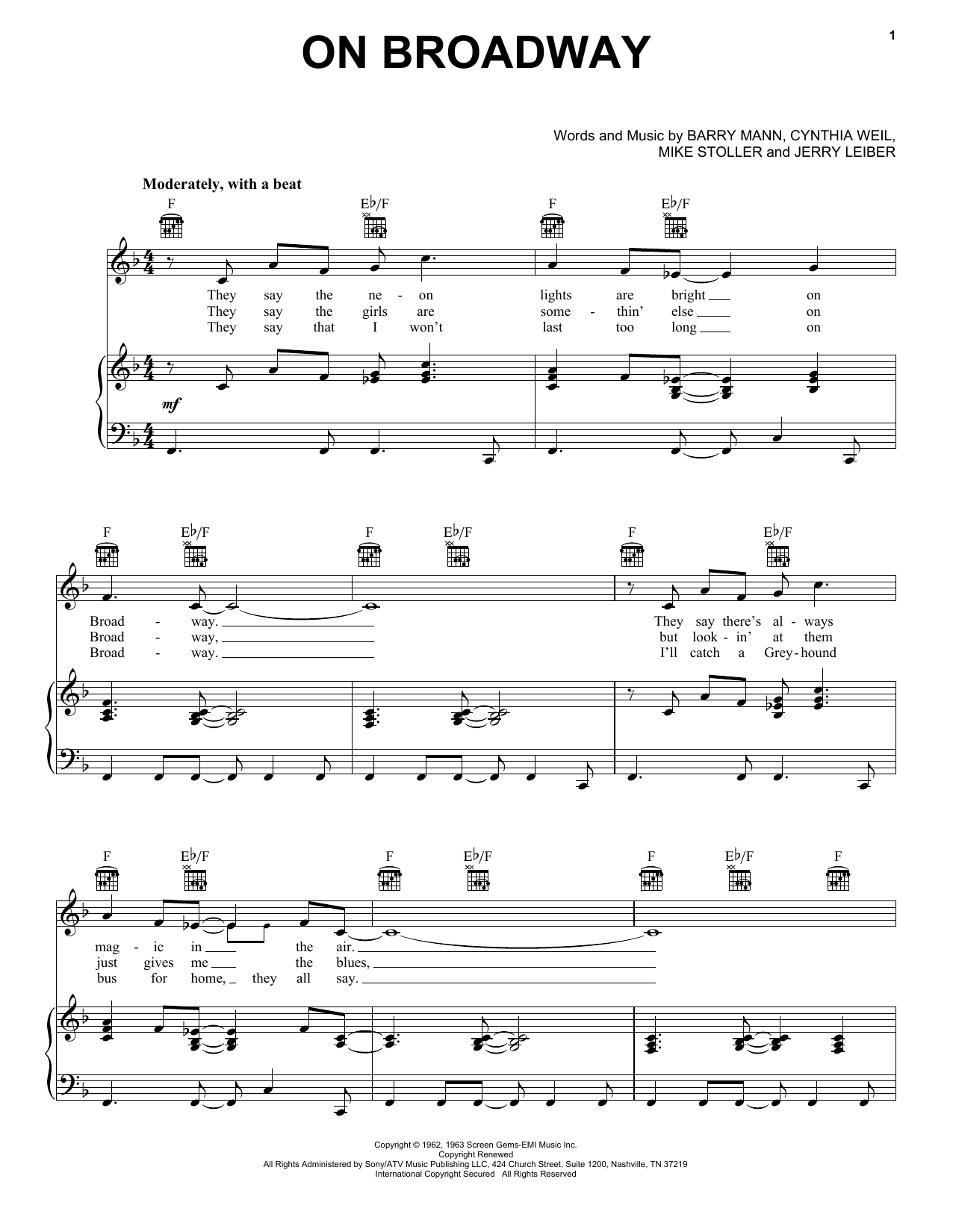 Preview George Benson On Broadway Pop sheet music, notes and chords for Piano, Vocal & Guitar (Right-Hand Melody), SKU: 18087 sheet music, piano notes, chords, guitar tabs, score, transpose, transcribe, how to play, guide, download, learn, tutorial, progression, song, artist, awards, billboard, mtv, vh1, tour, single, album, release