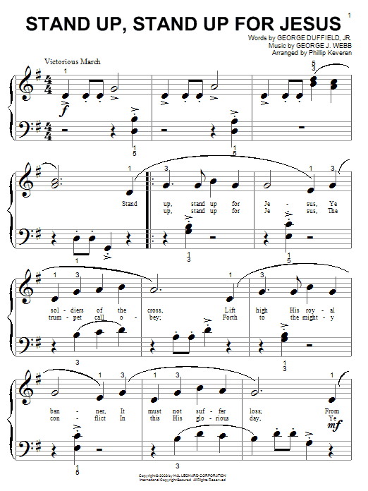Preview George Duffield, Jr. Stand Up, Stand Up For Jesus Hymn sheet music, notes and chords for Piano (Big Notes), SKU: 51720 sheet music, piano notes, chords, guitar tabs, score, transpose, transcribe, how to play, guide, download, learn, tutorial, progression, song, artist, awards, billboard, mtv, vh1, tour, single, album, release