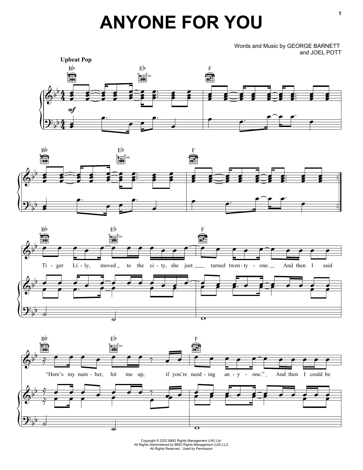 Download George Ezra Anyone For You (Tiger Lily) sheet music and printable PDF score & Folk music notes