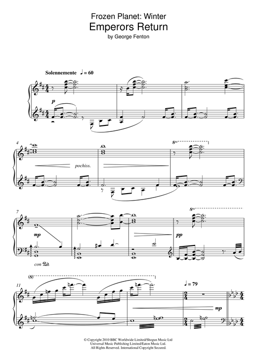 Preview George Fenton Frozen Planet, Emperors Return Film and TV sheet music, notes and chords for Piano, SKU: 117901 sheet music, piano notes, chords, guitar tabs, score, transpose, transcribe, how to play, guide, download, learn, tutorial, progression, song, artist, awards, billboard, mtv, vh1, tour, single, album, release