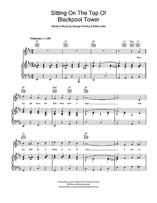 Preview George Formby Sitting On Top Of Blackpool Tower Classics sheet music, notes and chords for Piano, Vocal & Guitar (Right-Hand Melody), SKU: 108004 sheet music, piano notes, chords, guitar tabs, score, transpose, transcribe, how to play, guide, download, learn, tutorial, progression, song, artist, awards, billboard, mtv, vh1, tour, single, album, release