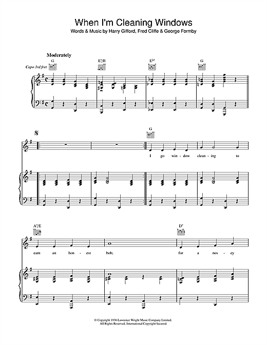 Preview George Formby When I'm Cleaning Windows Classics sheet music, notes and chords for Piano, Vocal & Guitar (Right-Hand Melody), SKU: 101192 sheet music, piano notes, chords, guitar tabs, score, transpose, transcribe, how to play, guide, download, learn, tutorial, progression, song, artist, awards, billboard, mtv, vh1, tour, single, album, release