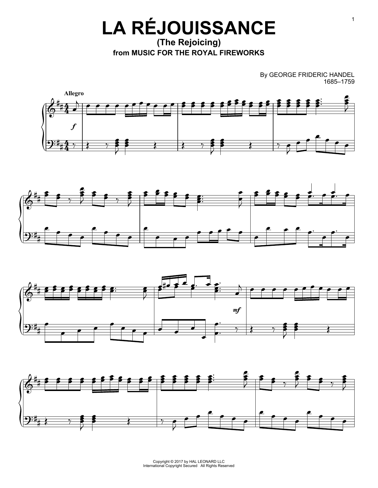 Preview George Frideric Handel La Rejouissance Classical sheet music, notes and chords for Piano, SKU: 188580 Download George Frideric Handel La Rejouissance sheet music and printable PDF score & Classical music notes