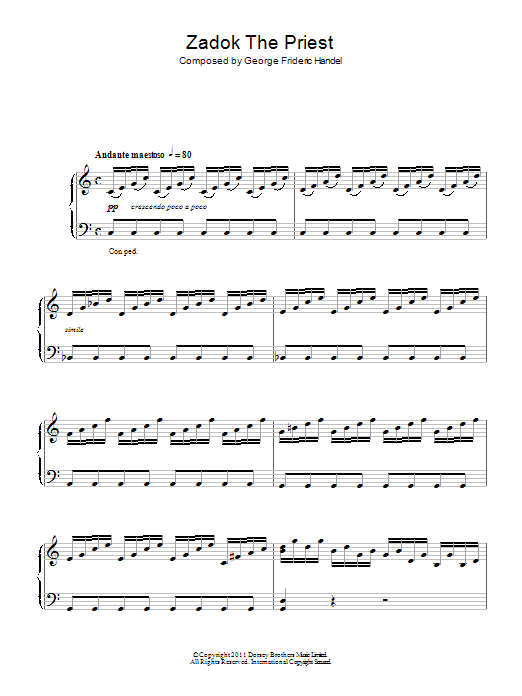 Preview George Frideric Handel Zadok The Priest Classical sheet music, notes and chords for Piano, SKU: 110639 Download George Frideric Handel Zadok The Priest sheet music and printable PDF score & Classical music notes