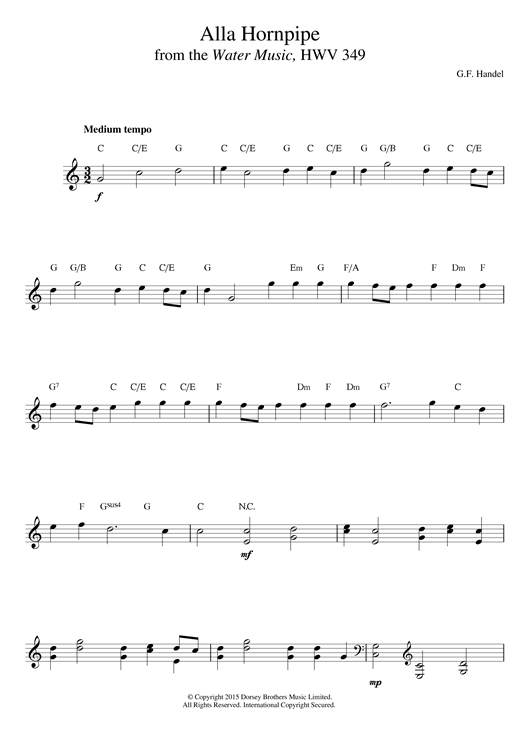 Preview George Frideric Handel Hornpipe (from The Water Music Suite) Classical sheet music, notes and chords for Organ, SKU: 18536 Download George Frideric Handel Hornpipe (from The Water Music Suite) sheet music and printable PDF score & Classical music notes