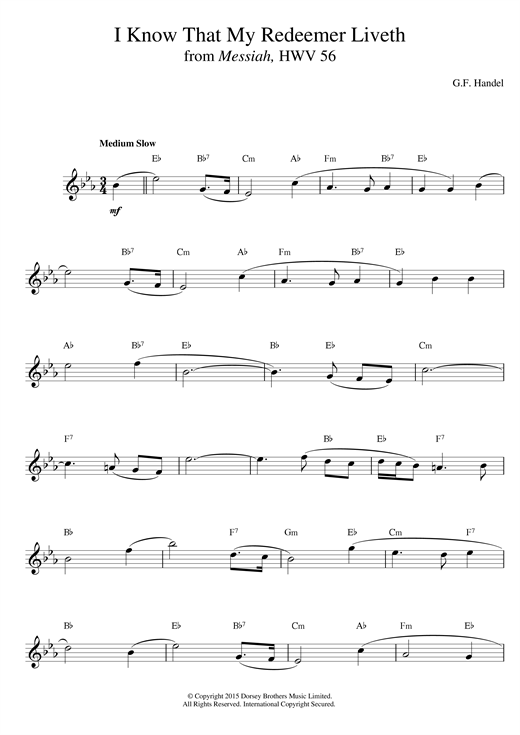 Preview George Frideric Handel I Know That My Redeemer Liveth (from Messiah) Classical sheet music, notes and chords for Melody Line & Chords, SKU: 14061 sheet music, piano notes, chords, guitar tabs, score, transpose, transcribe, how to play, guide, download, learn, tutorial, progression, song, artist, awards, billboard, mtv, vh1, tour, single, album, release