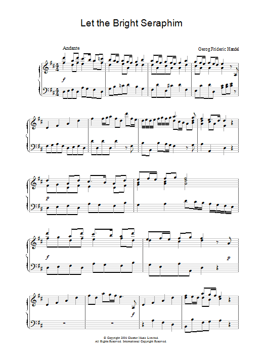 Preview George Frideric Handel Let the Bright Seraphim Classical sheet music, notes and chords for Piano, SKU: 28059 Download George Frideric Handel Let the Bright Seraphim sheet music and printable PDF score & Classical music notes