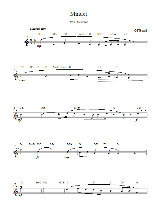 Preview George Frideric Handel Minuet (from Berenice) Classical sheet music, notes and chords for Melody Line & Chords, SKU: 14053 Download George Frideric Handel Minuet (from Berenice) sheet music and printable PDF score & Classical music notes
