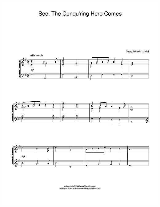 Preview George Frideric Handel See, The Conqu'ring Hero Comes Classical sheet music, notes and chords for Piano, SKU: 28060 sheet music, piano notes, chords, guitar tabs, score, transpose, transcribe, how to play, guide, download, learn, tutorial, progression, song, artist, awards, billboard, mtv, vh1, tour, single, album, release