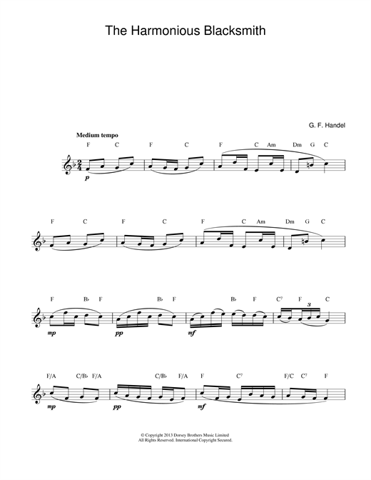 Preview George Frideric Handel The Harmonious Blacksmith Classical sheet music, notes and chords for Piano, SKU: 104499 Download George Frideric Handel The Harmonious Blacksmith sheet music and printable PDF score & Classical music notes