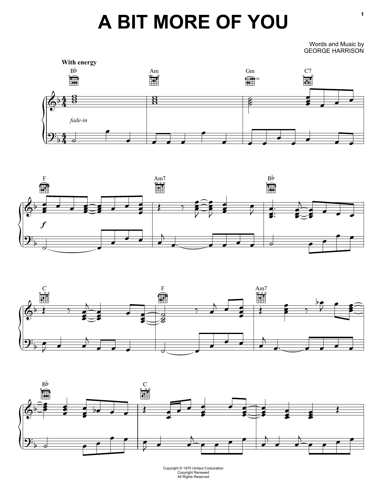 Preview George Harrison A Bit More Of You Pop sheet music, notes and chords for Piano, SKU: 159328 sheet music, piano notes, chords, guitar tabs, score, transpose, transcribe, how to play, guide, download, learn, tutorial, progression, song, artist, awards, billboard, mtv, vh1, tour, single, album, release