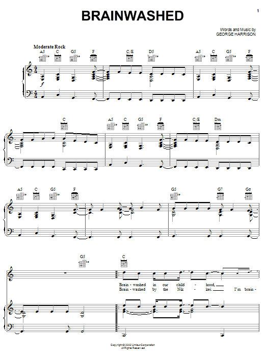 Preview George Harrison Brainwashed Rock sheet music, notes and chords for Piano, Vocal & Guitar (Right-Hand Melody), SKU: 25337 Download George Harrison Brainwashed sheet music and printable PDF score & Rock music notes
