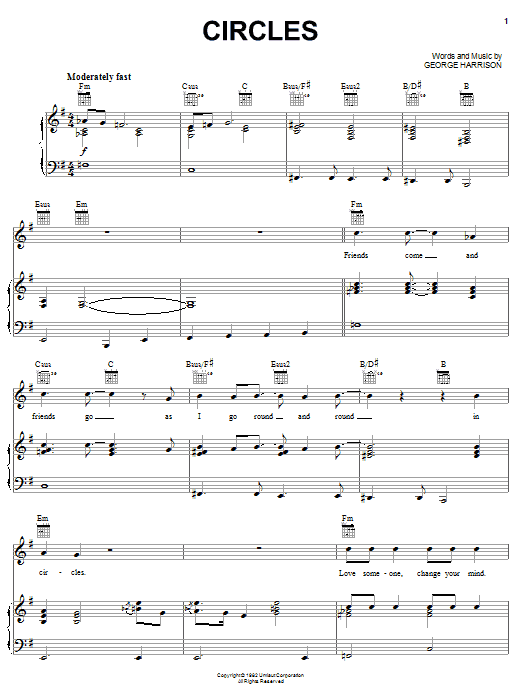 Preview George Harrison Circles Rock sheet music, notes and chords for Piano, Vocal & Guitar (Right-Hand Melody), SKU: 51587 Download George Harrison Circles sheet music and printable PDF score & Rock music notes