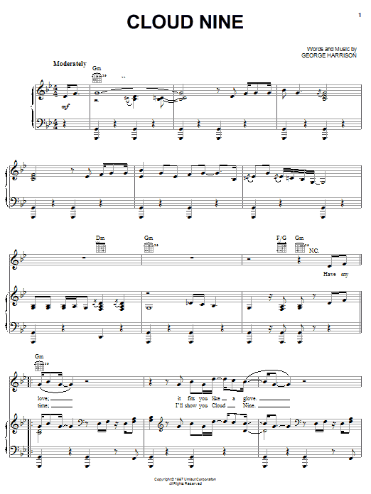 Preview George Harrison Cloud Nine Rock sheet music, notes and chords for Piano, Vocal & Guitar (Right-Hand Melody), SKU: 51586 Download George Harrison Cloud Nine sheet music and printable PDF score & Rock music notes