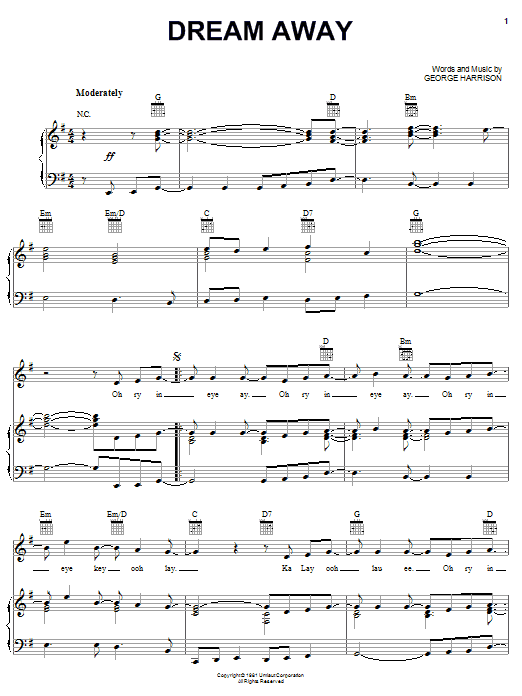 Preview George Harrison Dream Away Rock sheet music, notes and chords for Piano, Vocal & Guitar (Right-Hand Melody), SKU: 51551 Download George Harrison Dream Away sheet music and printable PDF score & Rock music notes