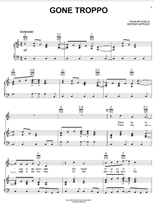 Preview George Harrison Gone Troppo Rock sheet music, notes and chords for Piano, Vocal & Guitar (Right-Hand Melody), SKU: 51549 Download George Harrison Gone Troppo sheet music and printable PDF score & Rock music notes