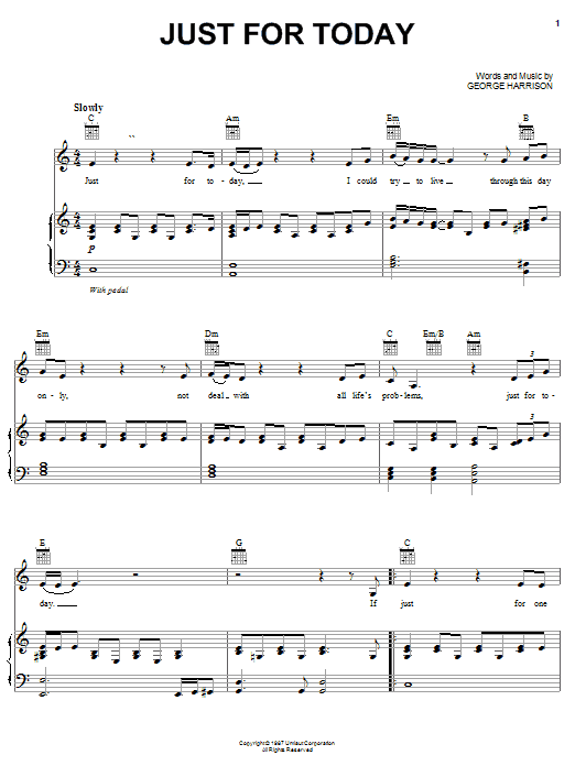 Preview George Harrison Just For Today Rock sheet music, notes and chords for Piano, Vocal & Guitar (Right-Hand Melody), SKU: 51547 Download George Harrison Just For Today sheet music and printable PDF score & Rock music notes