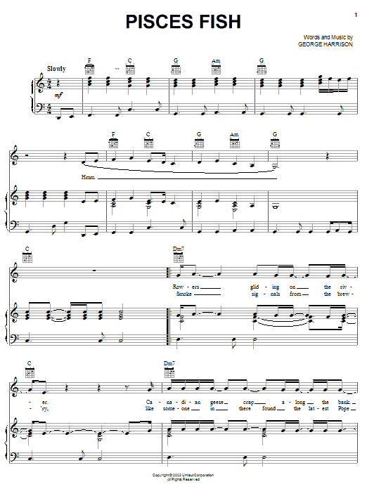 Preview George Harrison Pisces Fish Rock sheet music, notes and chords for Piano, Vocal & Guitar (Right-Hand Melody), SKU: 25329 Download George Harrison Pisces Fish sheet music and printable PDF score & Rock music notes