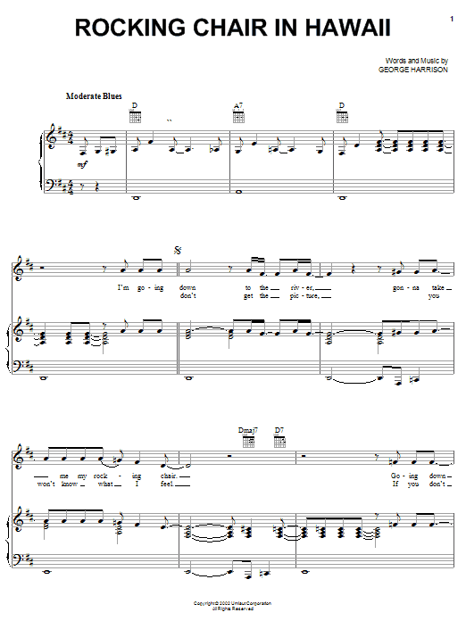 Preview George Harrison Rocking Chair In Hawaii Rock sheet music, notes and chords for Piano, Vocal & Guitar (Right-Hand Melody), SKU: 25336 Download George Harrison Rocking Chair In Hawaii sheet music and printable PDF score & Rock music notes