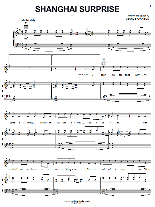 Preview George Harrison Shanghai Surprise Rock sheet music, notes and chords for Piano, Vocal & Guitar (Right-Hand Melody), SKU: 51573 sheet music, piano notes, chords, guitar tabs, score, transpose, transcribe, how to play, guide, download, learn, tutorial, progression, song, artist, awards, billboard, mtv, vh1, tour, single, album, release