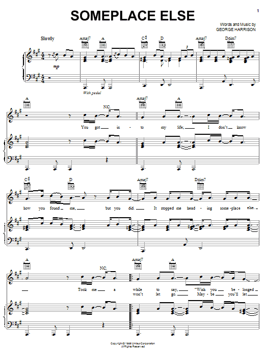 Preview George Harrison Someplace Else Rock sheet music, notes and chords for Piano, Vocal & Guitar (Right-Hand Melody), SKU: 51591 Download George Harrison Someplace Else sheet music and printable PDF score & Rock music notes