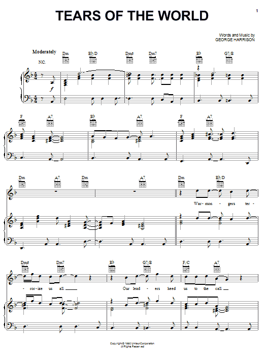Preview George Harrison Tears Of The World Rock sheet music, notes and chords for Piano, Vocal & Guitar (Right-Hand Melody), SKU: 51592 Download George Harrison Tears Of The World sheet music and printable PDF score & Rock music notes