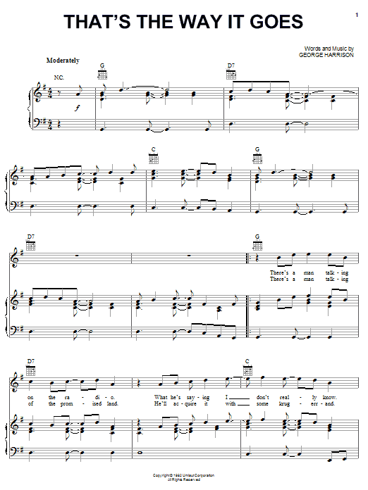 Preview George Harrison That's The Way It Goes Rock sheet music, notes and chords for Piano, Vocal & Guitar (Right-Hand Melody), SKU: 51575 Download George Harrison That's The Way It Goes sheet music and printable PDF score & Rock music notes