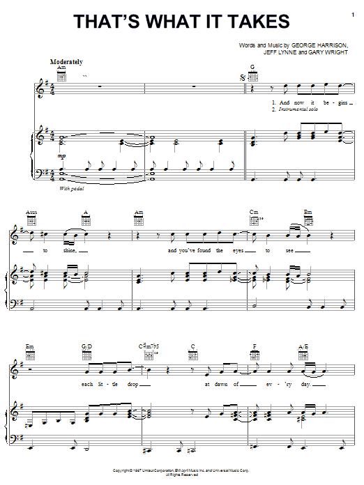 Preview George Harrison That's What It Takes Rock sheet music, notes and chords for Piano, Vocal & Guitar (Right-Hand Melody), SKU: 51582 Download George Harrison That's What It Takes sheet music and printable PDF score & Rock music notes