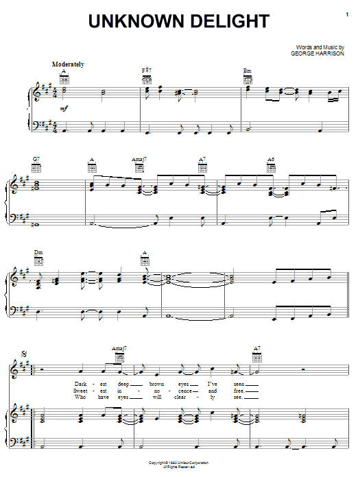 Preview George Harrison Unknown Delight Rock sheet music, notes and chords for Piano, Vocal & Guitar (Right-Hand Melody), SKU: 51585 Download George Harrison Unknown Delight sheet music and printable PDF score & Rock music notes