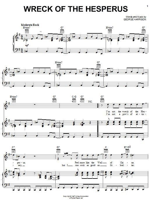 Preview George Harrison Wreck Of The Hesperus Rock sheet music, notes and chords for Piano, Vocal & Guitar (Right-Hand Melody), SKU: 51584 Download George Harrison Wreck Of The Hesperus sheet music and printable PDF score & Rock music notes