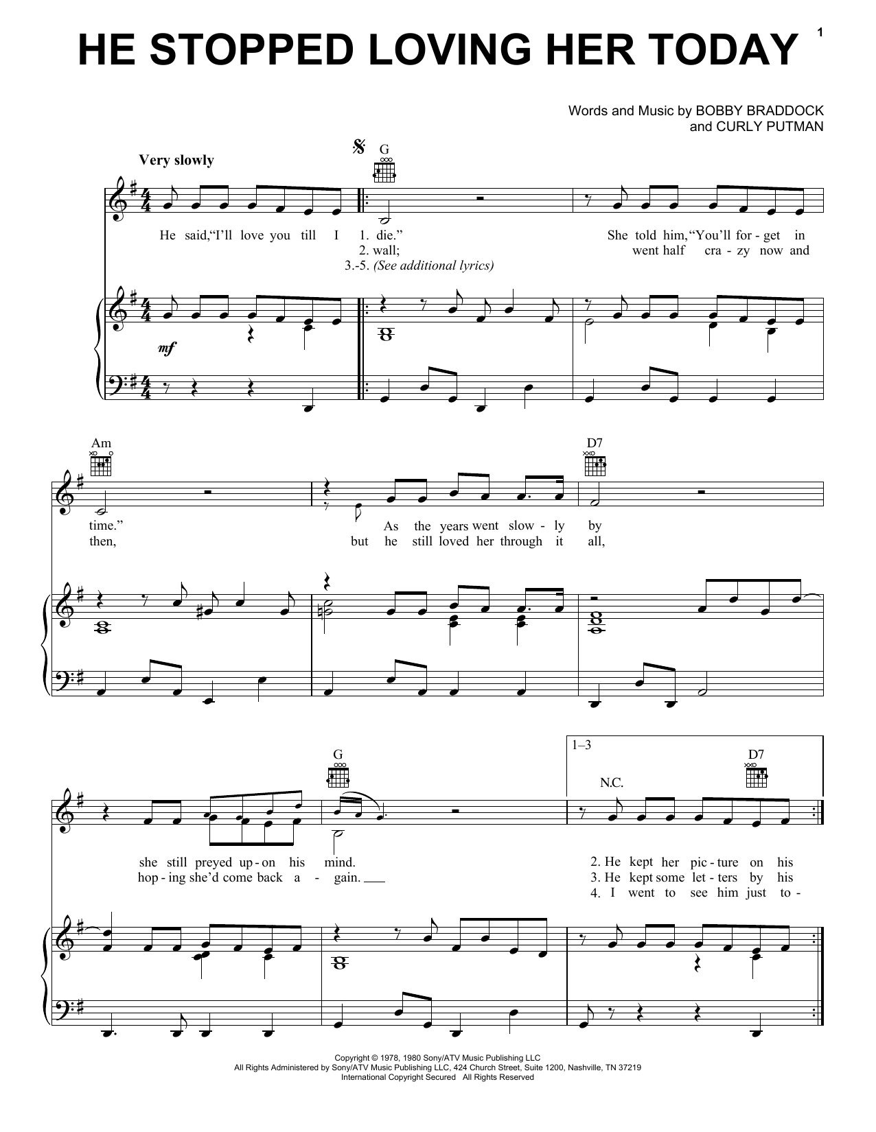 Preview George Jones He Stopped Loving Her Today Country sheet music, notes and chords for Piano, Vocal & Guitar (Right-Hand Melody), SKU: 51360 sheet music, piano notes, chords, guitar tabs, score, transpose, transcribe, how to play, guide, download, learn, tutorial, progression, song, artist, awards, billboard, mtv, vh1, tour, single, album, release