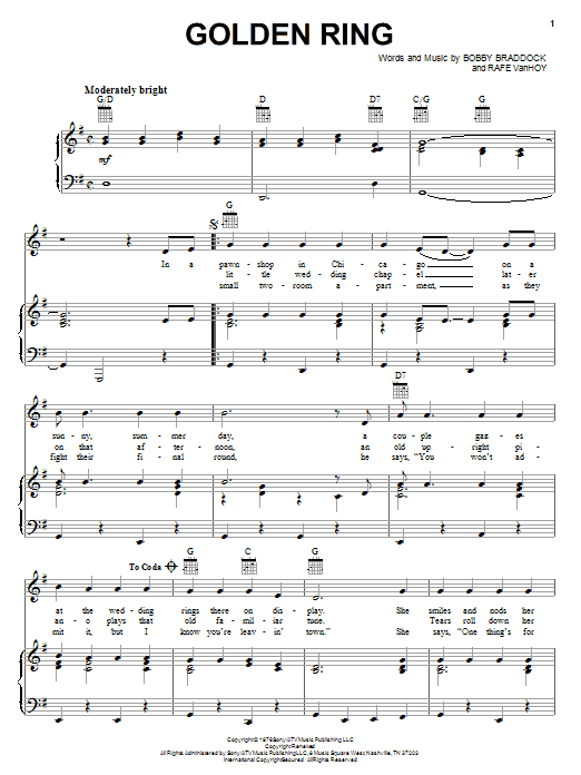 Preview George Jones & Tammy Wynette Golden Ring Pop sheet music, notes and chords for Piano, Vocal & Guitar (Right-Hand Melody), SKU: 51362 Download George Jones & Tammy Wynette Golden Ring sheet music and printable PDF score & Pop music notes