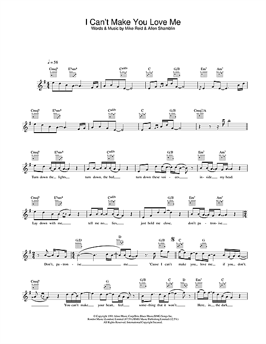 Preview George Michael I Can’t Make You Love Me Pop sheet music, notes and chords for Melody Line, Lyrics & Chords, SKU: 28071 sheet music, piano notes, chords, guitar tabs, score, transpose, transcribe, how to play, guide, download, learn, tutorial, progression, song, artist, awards, billboard, mtv, vh1, tour, single, album, release