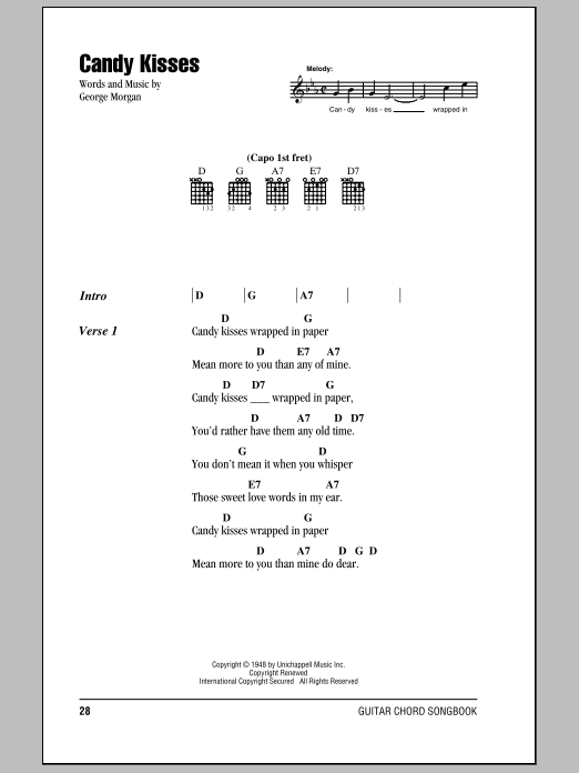 Preview George Morgan Candy Kisses Country sheet music, notes and chords for Piano, Vocal & Guitar (Right-Hand Melody), SKU: 101248 sheet music, piano notes, chords, guitar tabs, score, transpose, transcribe, how to play, guide, download, learn, tutorial, progression, song, artist, awards, billboard, mtv, vh1, tour, single, album, release