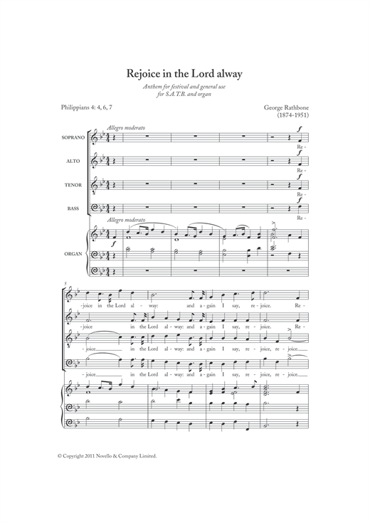 Preview George Rathbone Rejoice In The Lord Alway Classical sheet music, notes and chords for SATB, SKU: 120985 sheet music, piano notes, chords, guitar tabs, score, transpose, transcribe, how to play, guide, download, learn, tutorial, progression, song, artist, awards, billboard, mtv, vh1, tour, single, album, release