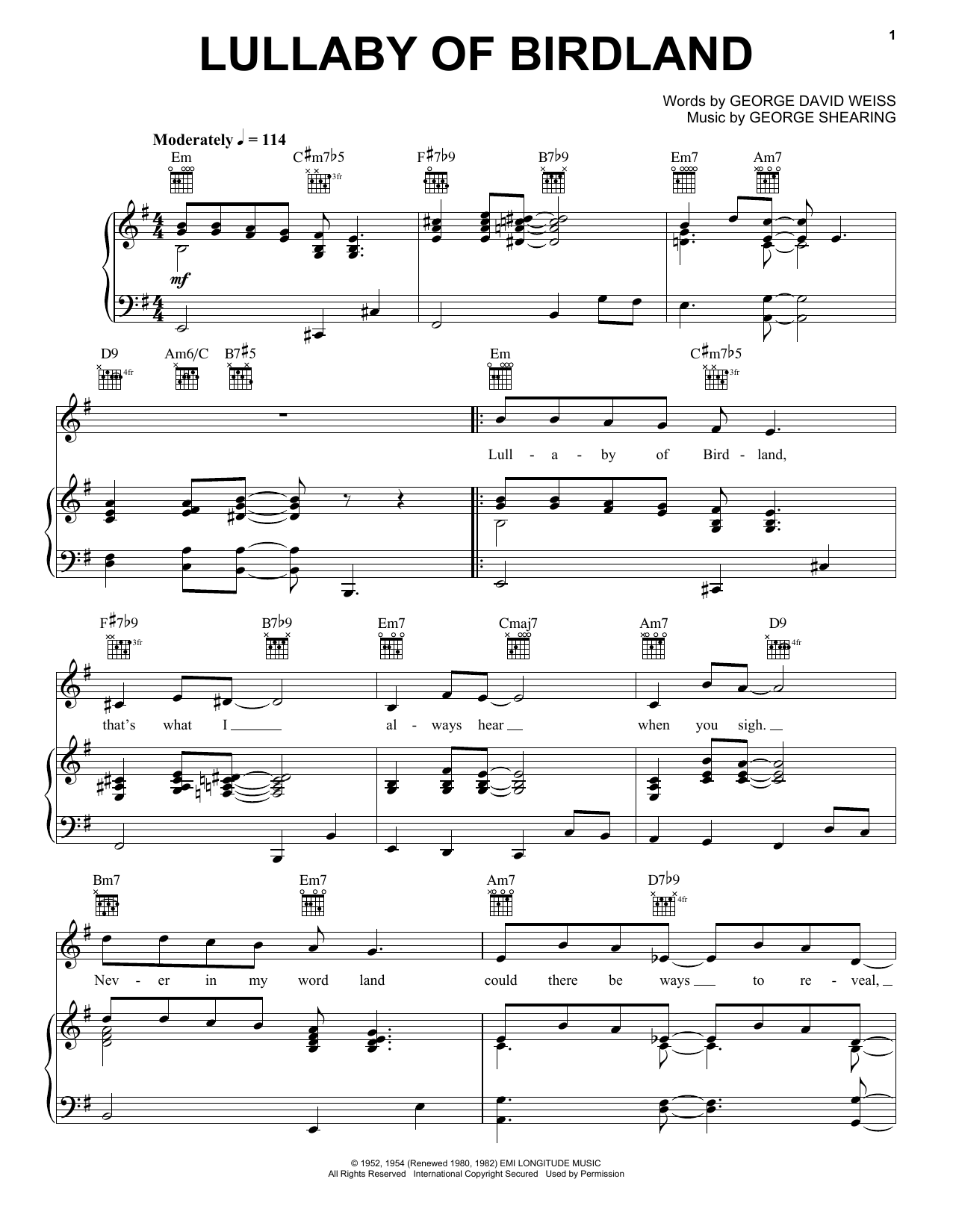 Download George Shearing Lullaby Of Birdland sheet music and printable PDF score & Jazz music notes