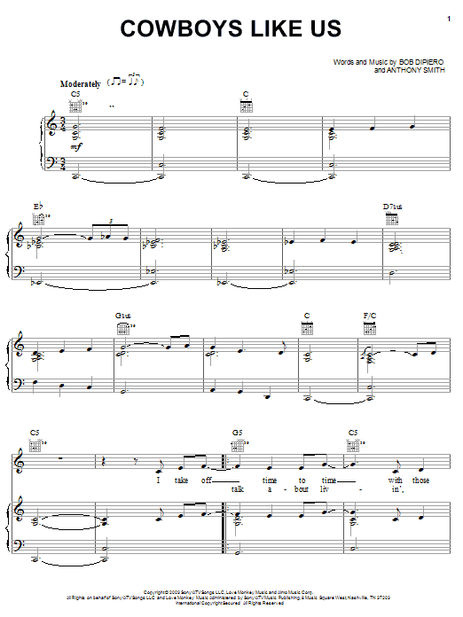 Preview George Strait Cowboys Like Us Country sheet music, notes and chords for Piano, Vocal & Guitar (Right-Hand Melody), SKU: 25102 Download George Strait Cowboys Like Us sheet music and printable PDF score & Country music notes