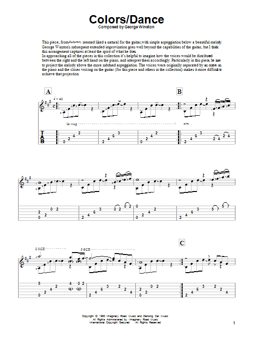 Preview George Winston Colors/Dance Classical sheet music, notes and chords for Guitar Tab, SKU: 82626 Download George Winston Colors/Dance sheet music and printable PDF score & Classical music notes