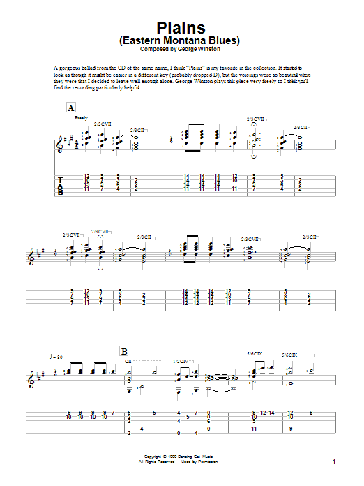 Preview George Winston Plains (Eastern Montana Blues) Classical sheet music, notes and chords for Guitar Tab, SKU: 82636 Download George Winston Plains (Eastern Montana Blues) sheet music and printable PDF score & Classical music notes