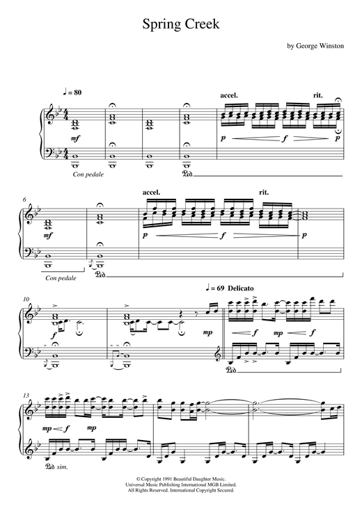 Preview George Winston Spring Creek Classical sheet music, notes and chords for Piano, SKU: 120800 sheet music, piano notes, chords, guitar tabs, score, transpose, transcribe, how to play, guide, download, learn, tutorial, progression, song, artist, awards, billboard, mtv, vh1, tour, single, album, release