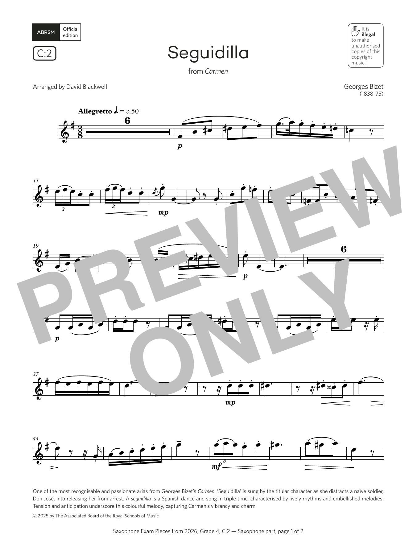 Georges Bizet Seguidilla (Grade 4, list C2, from the ABRSM Saxophone Syllabus from 2026) Sheet Music & Chords for Alto Sax Solo - Download or Print PDF