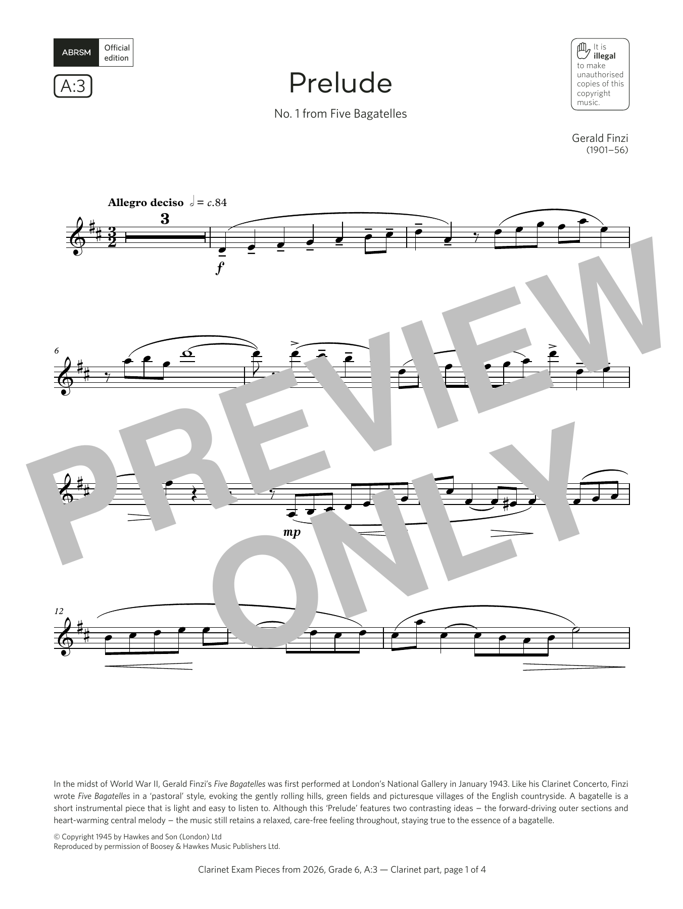 Gerald Finzi Prelude (Grade 6, list A3, from the ABRSM Clarinet Syllabus from 2026) Sheet Music & Chords for Clarinet Solo - Download or Print PDF