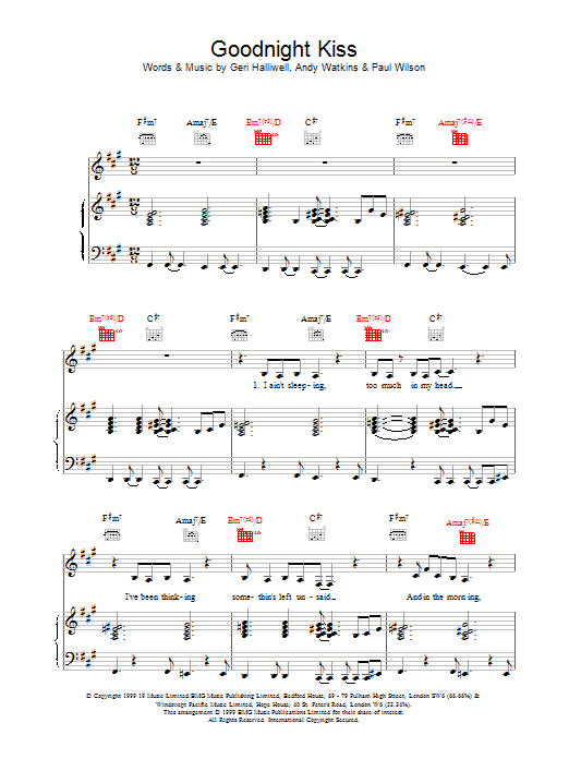 Preview Geri Halliwell Goodnight Kiss Pop sheet music, notes and chords for Piano, Vocal & Guitar, SKU: 17487 Download Geri Halliwell Goodnight Kiss sheet music and printable PDF score & Pop music notes