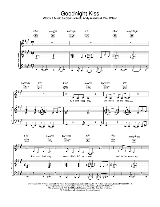 Preview Geri Halliwell Goodnight Kiss Pop sheet music, notes and chords for Piano, Vocal & Guitar, SKU: 17487 sheet music, piano notes, chords, guitar tabs, score, transpose, transcribe, how to play, guide, download, learn, tutorial, progression, song, artist, awards, billboard, mtv, vh1, tour, single, album, release