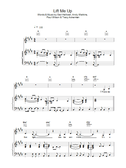 Preview Geri Halliwell Lift Me Up Pop sheet music, notes and chords for Piano, Vocal & Guitar, SKU: 13817 Download Geri Halliwell Lift Me Up sheet music and printable PDF score & Pop music notes