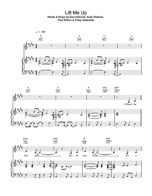 Preview Geri Halliwell Lift Me Up Pop sheet music, notes and chords for Piano, Vocal & Guitar, SKU: 13817 sheet music, piano notes, chords, guitar tabs, score, transpose, transcribe, how to play, guide, download, learn, tutorial, progression, song, artist, awards, billboard, mtv, vh1, tour, single, album, release